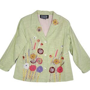 Vtg Indigo Moon Womens Jacket Blazer M Green 3D Floral Embroidered Embellished
